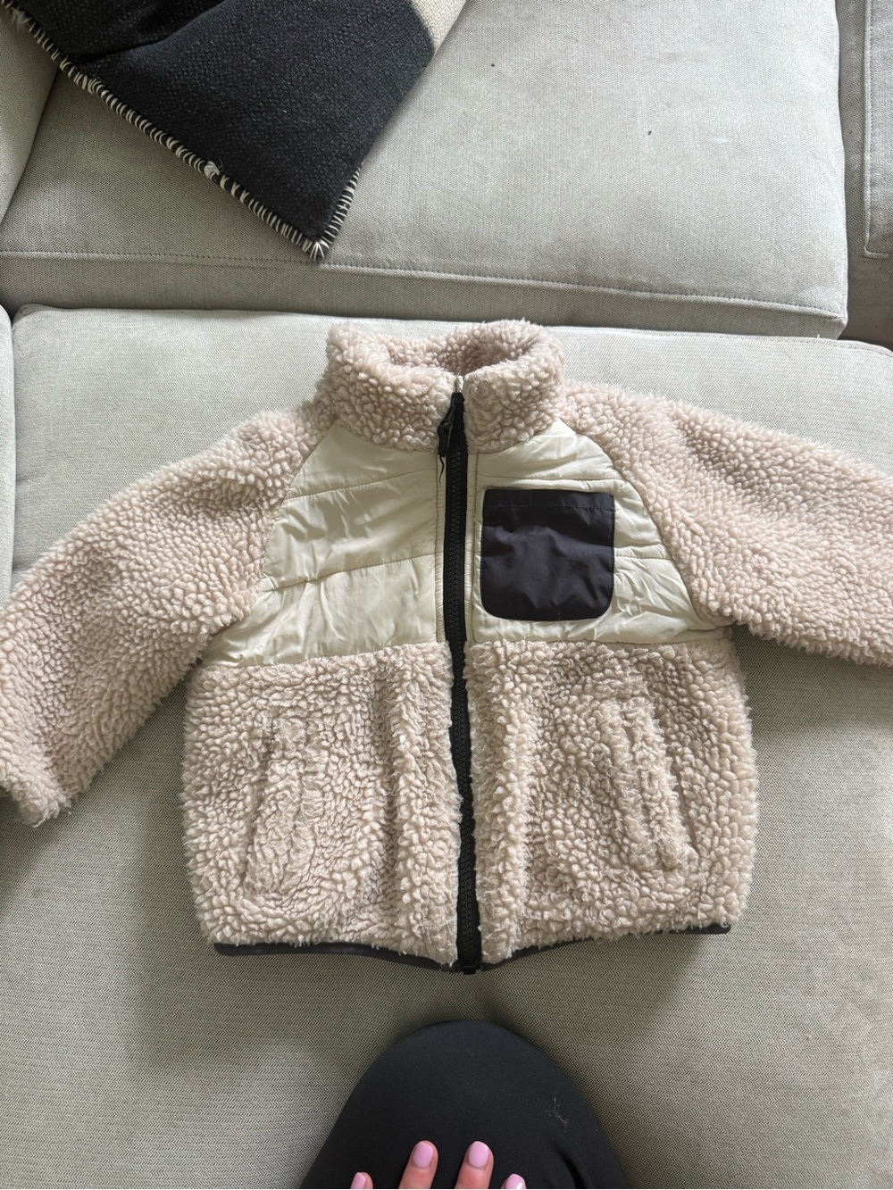 Zara Kids Cream Sherpa Puffer Jacket with Black Chest Patch